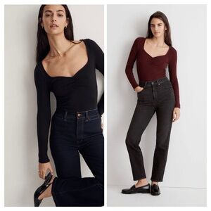TWO Madewell Ribbed Sweetheart Ballet Long Sleeve Tops in Black and Burgundy Set